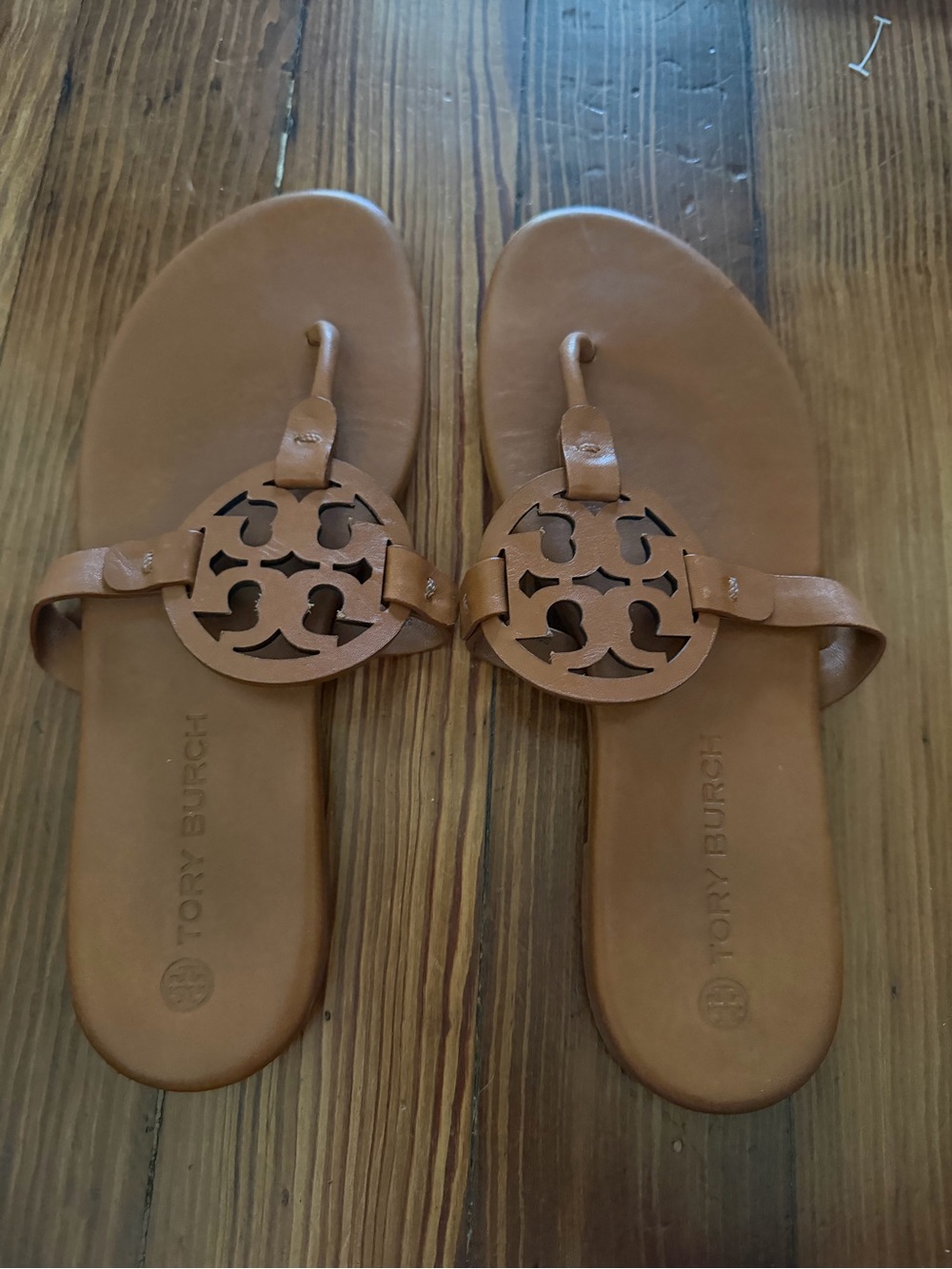 Tory Burch Cognac Leather Miller Logo Thong Sandals